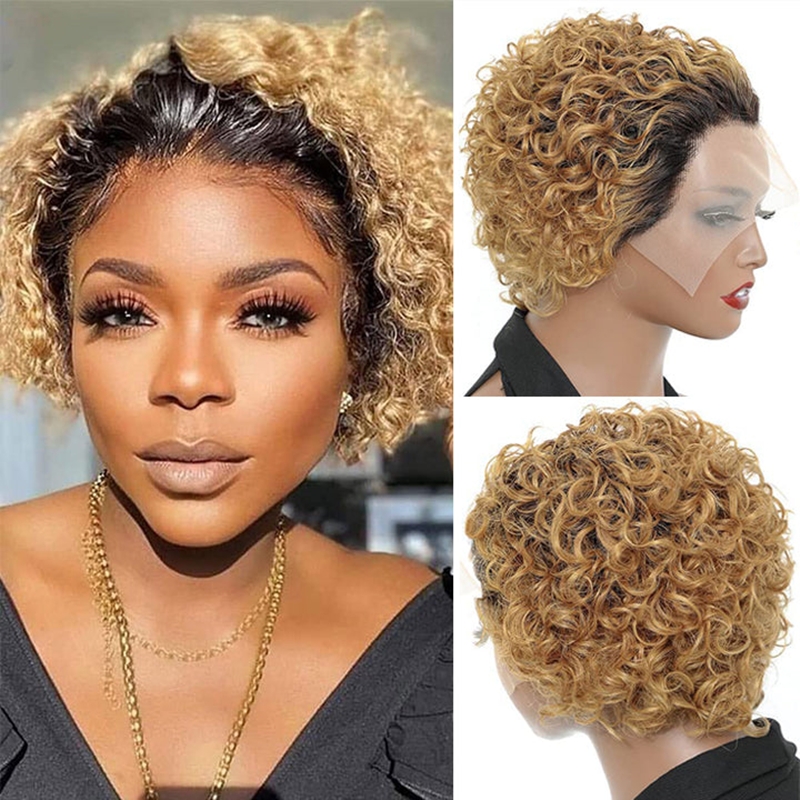Human Hair Curly Wig T Part Pixie Cut Wigs - 图片 6